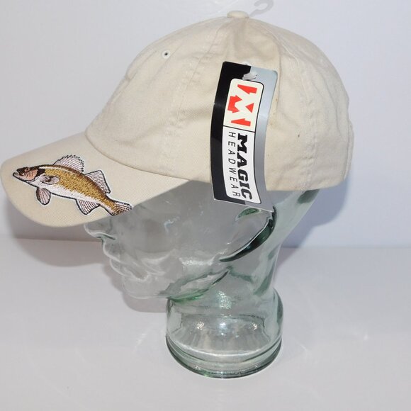 Magic Headwear OS Beige Tan Cotton Embroidered Walleye Fish Hat Cap NEW w Tag - Picture 4 of 9
